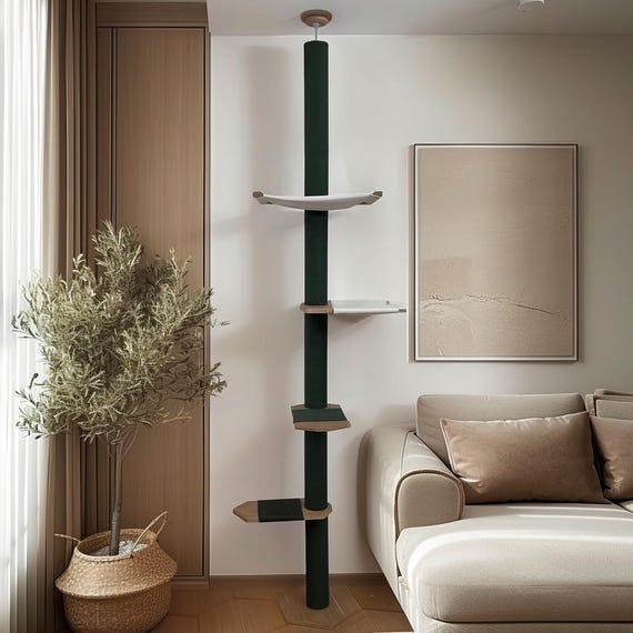 Tension Mounted Large Cat Tree with 2 Cat Hammocks, Floor to Ceiling Cat Tree Tower, Wooden Cat Tree with No-drill Installation