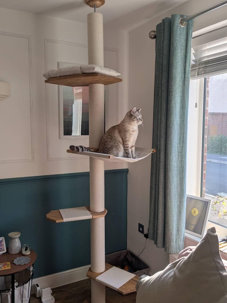 Natural Floor to Ceiling Cat Tree with Hammock & Bed. Tension Mounted and No-drill Installation Tower for Large Cats. Modern Cat Furniture image 12