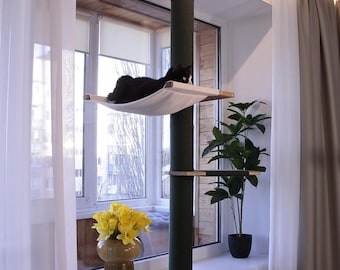 Green Wooden Cat Window Shelf With Cat Hammock & Durable Cat Scratch Pole – Sturdy Non Slip Cat Window Platform For Indoor Cat Relaxation
