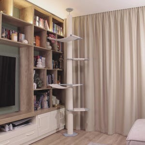 Tension Mounted Large Cat Tree with 2 Cat Hammocks, Floor to Ceiling Cat Tree Tower, Wooden Cat Tree with No-drill Installation image 3