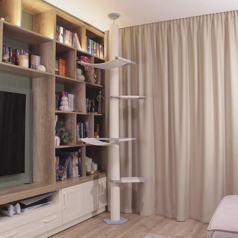 Tension Mounted Large Cat Tree with 2 Cat Hammocks, Floor to Ceiling Cat Tree Tower, Wooden Cat Tree with No-drill Installation image 3