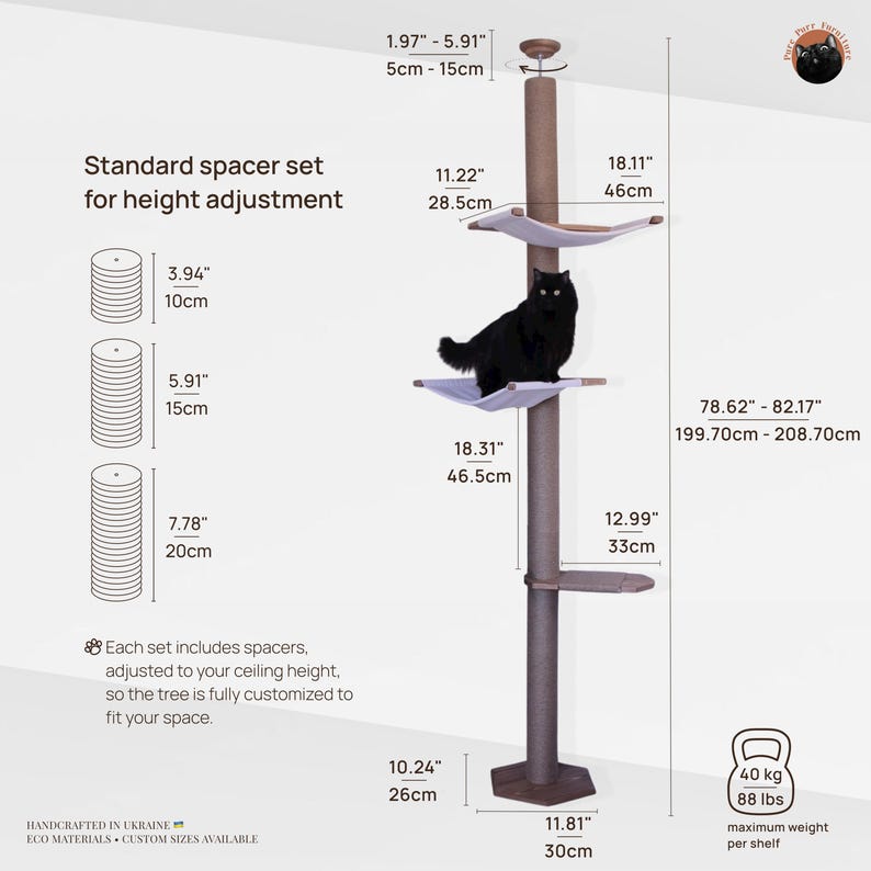 Floo to Ceiling Cat Tree with Two Cat Hammocks, No-drill Tension Mounted Installation, Natural Wood Cat Tower, Modern Cat Climbing Tree image 8
