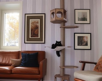 Cat Adjustable Floor to Ceiling Tree Tower with Cat Hammock & Cat House. Tall Ceiling Cat Tree with Tension Mechanism, No Drilling Required