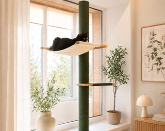 Raamhangmat voor katten met krabpaal, op spanning te bevestigen vensterbankzitplaats voor katten, zonder boren te hoeven installeren, ideaal voor binnenkatten.