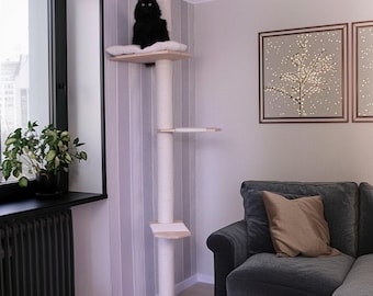 Wooden Cat Tree with Cozy Cat Cushion, Solid Wood Floor to Ceiling Cat Tower Tree with Tension Mount Mechanism. No-drill Installation