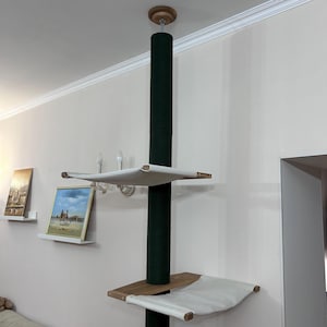 Tall Cat Tower with 2 Removable Fabric Hammocks, Solid Pine Wood Frame, Green Cotton Rope Posts, and Spacious Shelves – Stylish and Functional Cat Furniture for Large Cats and Multi-Cat Homes