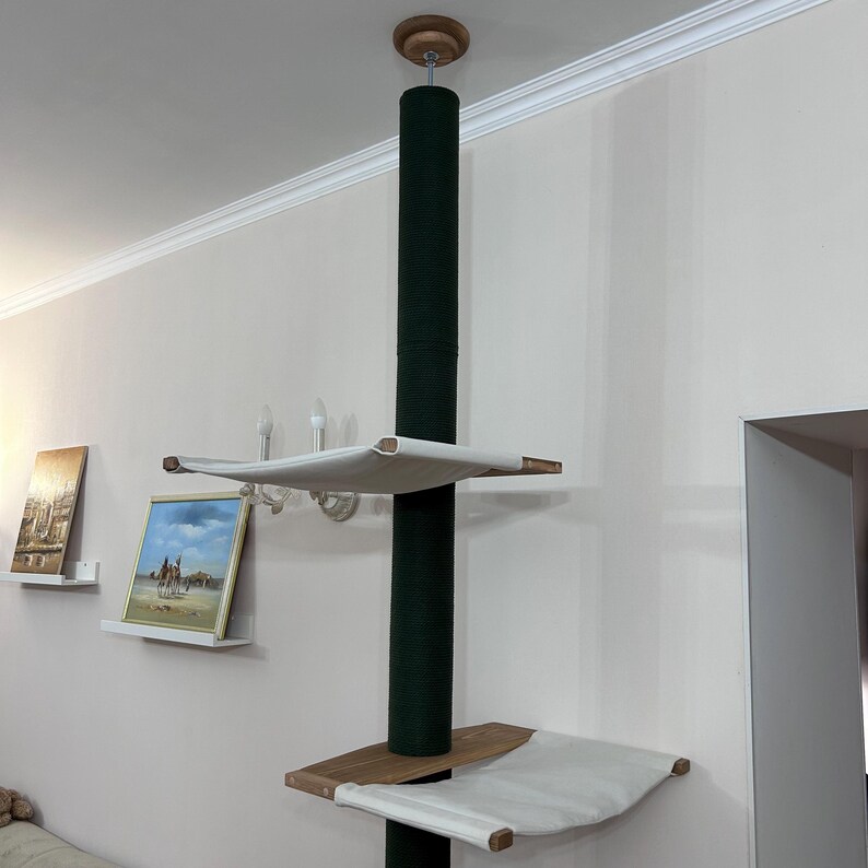 Tall Cat Tower with 2 Removable Fabric Hammocks, Solid Pine Wood Frame, Green Cotton Rope Posts, and Spacious Shelves – Stylish and Functional Cat Furniture for Large Cats and Multi-Cat Homes