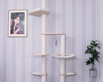 Floor to Ceiling Cat Tree with Hammock & Bed, Cat Tower, Wooden Cat Furniture, Eco Cat Tree for Large Cats, Tension No Drill Instalation