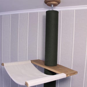 Natural Floor to Ceiling Cat Tree with Hammock & Bed. Tension Mounted and No-drill Installation Tower for Large Cats. Modern Cat Furniture White & Green Cotton