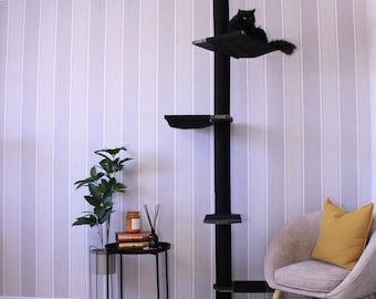 XL Floor to Ceiling Cat Tree with 2 Hammocks – Black Wood Cat Tower, No Drill Cat Scratch Post, Custom Modern Furniture for Large Cats