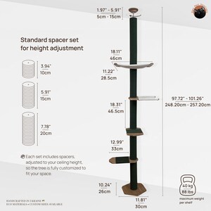 Tension Mounted Large Cat Tree with 2 Cat Hammocks, Floor to Ceiling Cat Tree Tower, Wooden Cat Tree with No-drill Installation image 5