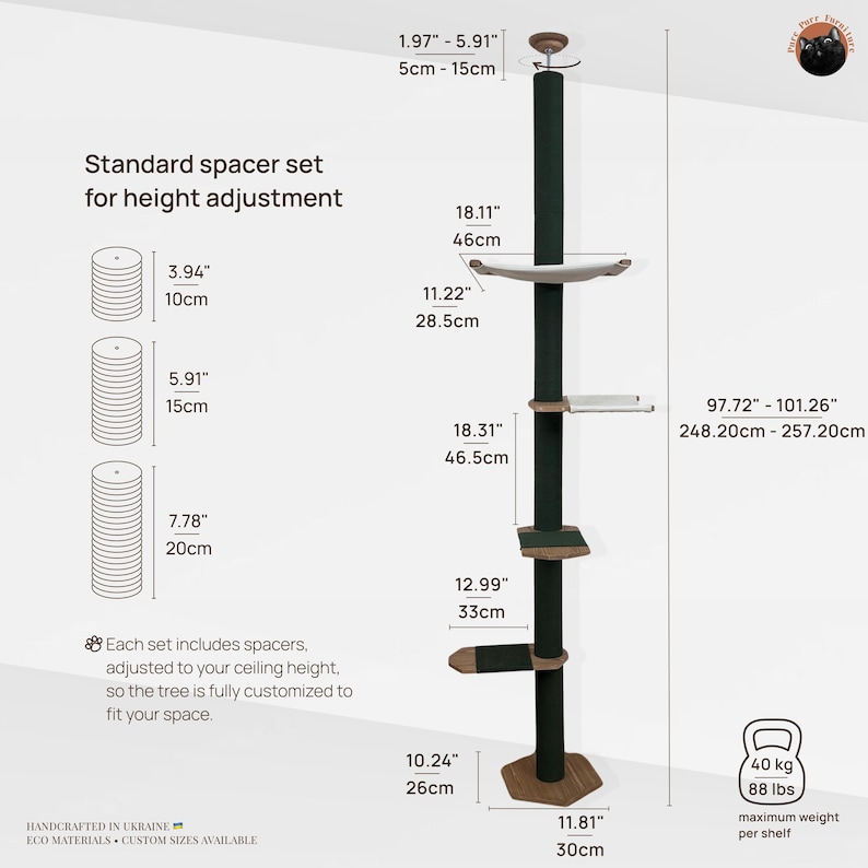 Tension Mounted Large Cat Tree with 2 Cat Hammocks, Floor to Ceiling Cat Tree Tower, Wooden Cat Tree with No-drill Installation image 5