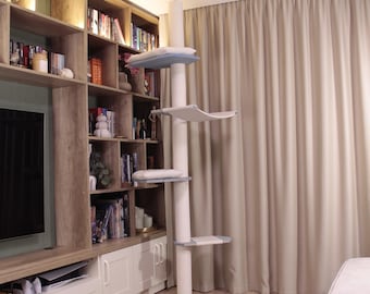 Tall Cat Tree with 2 Beds & Hammock – Floor to Ceiling Climbing Tower, No Drill Cat Tree, Space-Saving Wooden Cat Furniture for Large Cats