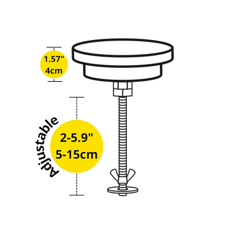 May include: A black and white line drawing of a round, adjustable ceiling mount. The mount has a 1.57 inch diameter top plate and an adjustable height of 2-5.9 inches (5-15 cm).