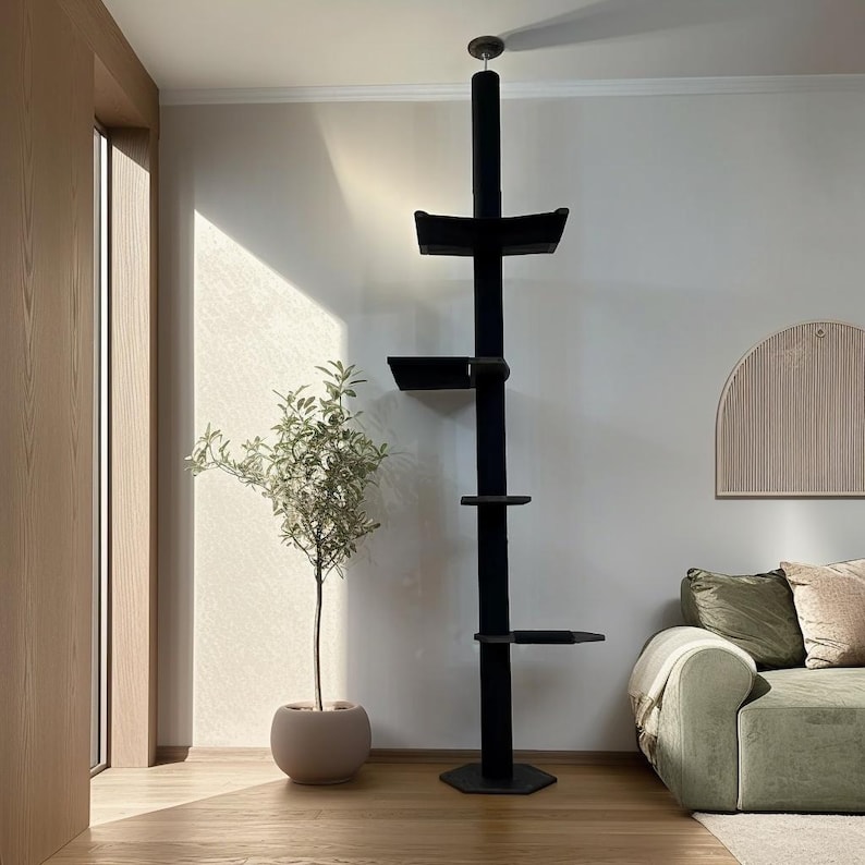 Tension Mounted Large Cat Tree with 2 Cat Hammocks, Floor to Ceiling Cat Tree Tower, Wooden Cat Tree with No-drill Installation Black & Cotton Black