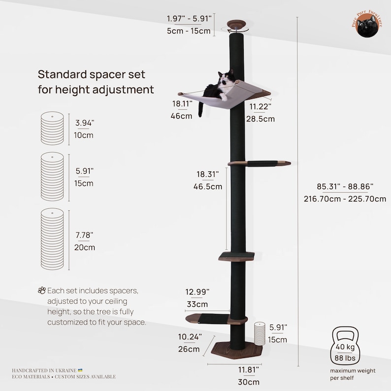 Tall Climber Cat Tree with Hammock, No-drill Tension Mounted Installation. Modern Floor to Ceiling Cat Tree Tower, Luxury Cat Tree image 5