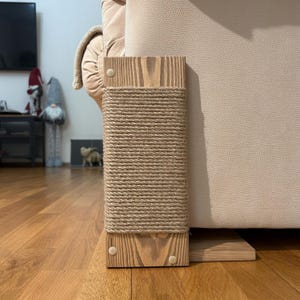 Brown furniture cat scratcher, corner cat scratching pole with jute rope, small cat scratch post for sofas, wood furniture protector for cats, modern cat scratch tower, lightweight wooden cat scratcher, pet couch protector