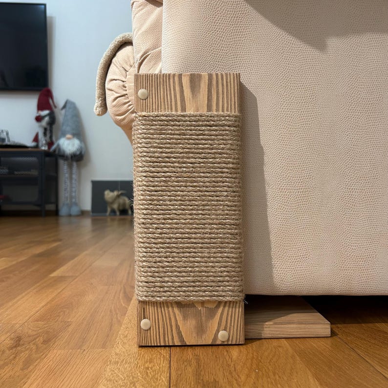 Brown furniture cat scratcher, corner cat scratching pole with jute rope, small cat scratch post for sofas, wood furniture protector for cats, modern cat scratch tower, lightweight wooden cat scratcher, pet couch protector