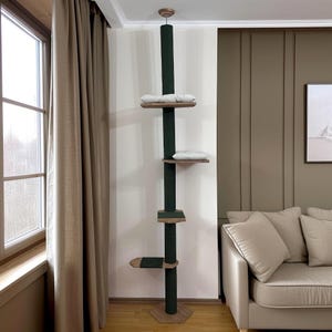 Adjustable Floor to Ceiling Cat Tree, Modern Cat Tower, Two Beds White + Green Cotton
