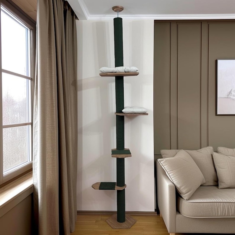 Adjustable Floor to Ceiling Cat Tree, Modern Cat Tower, Two Beds White + Green Cotton