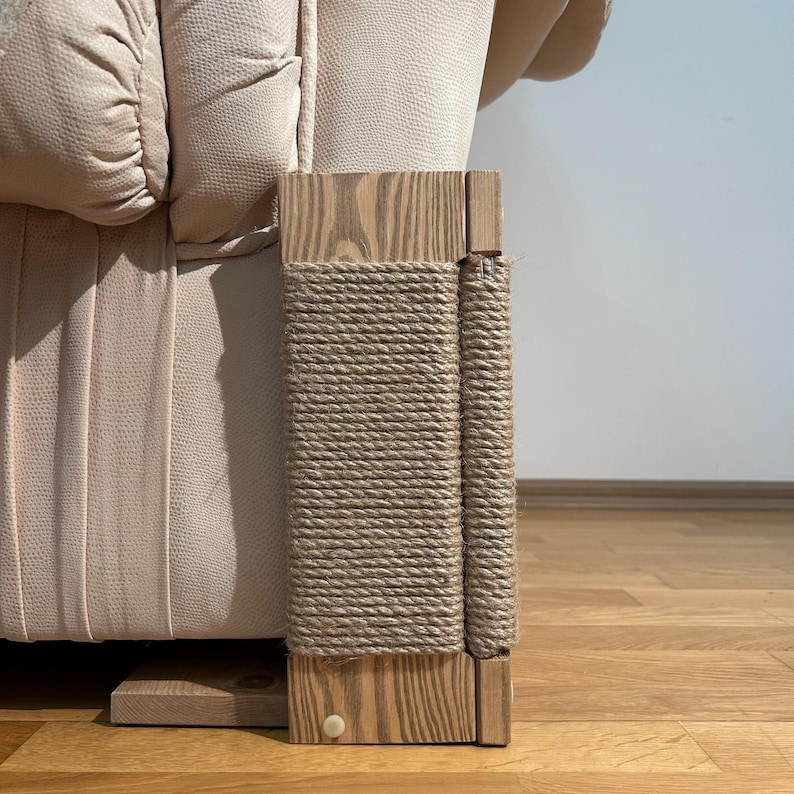 Furniture protect cat scratcher, small brown wood cat post with jute rope, couch corner cat scratcher, modern scratching post for cats, pet furniture for cats, lightweight sofa protector, wooden cat scratch tower, furniture protector