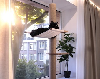 Natural Jute Windowsill Cat Perch With Cat Hammock & Wooden Cat Climbing Pole – Durable No Drill Cat Window Shelf For Cats and Kittens
