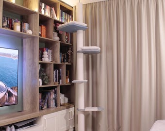 Modern Adjustable Floor to Ceiling Cat Tree Tower with 2 Cozy Cat Beds, Tall Wooden Cat Furniture for Large Cats, Cat Tower, Cat Lover Gift