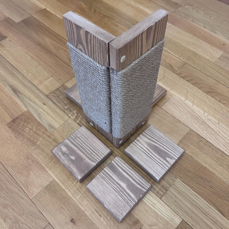 Corner cat scratching post with brown wood and jute rope, small cat furniture scratch tower, modern lightweight cat scratcher, wooden couch protector, sofa cat scratch post, furniture protector for cats
