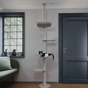 Natural Floor to Ceiling Cat Tree with Hammock & Bed. Tension Mounted and No-drill Installation Tower for Large Cats. Modern Cat Furniture image 4