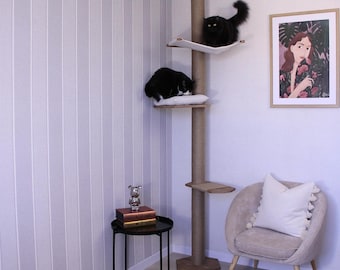 Luxury Floor to Ceiling Cat Tower, Hammock & Bed, Natural Wood