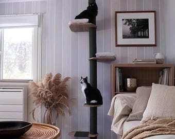 Tall Floor to Ceiling Cat Tree with 2 soft Cat Cushions, Natural Wood Cat Tower, Tension Mounted Cat Scratching Tower, No-drill Installation