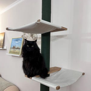 Stylish Wooden Cat Tower with 2 Soft Hammocks and Durable Green Scratching Posts – Spacious Cat Tree with Shelves for Large Cats to Climb, Scratch, and Rest Comfortably