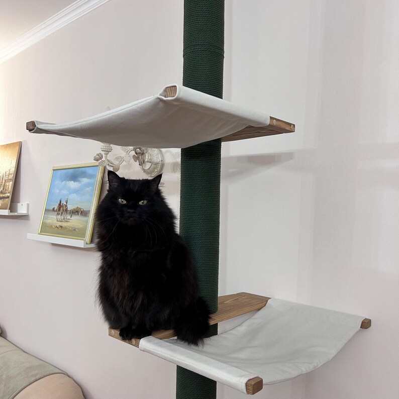 Stylish Wooden Cat Tower with 2 Soft Hammocks and Durable Green Scratching Posts – Spacious Cat Tree with Shelves for Large Cats to Climb, Scratch, and Rest Comfortably