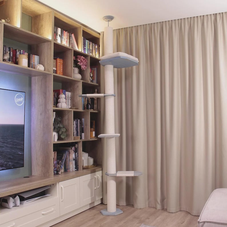 Natural Cat Tree Tower – Modern Cat Furniture with Cushion, Floor to Ceiling Cat Tower for Large Cats, No-drill Tension Mounted Installation image 6
