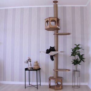 猫用調節可能キャットタワー、ハンモックとキャットハウス付き天然木製キャットタワー - 大型猫用高さ調節可能な天井キャットツリー、猫ママへのギフト