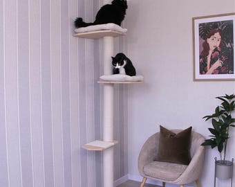 Torre compacta para gatos do chão ao teto com duas almofadas para gatos, árvore para gatos de madeira natural, móveis modernos para gatos, arranhador alto, presente para amantes de gatos