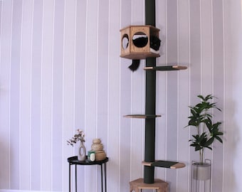Freestanding Adjustable Height Cat Tree With Spacious Cat Houses – Modern Wood Cat Tower, Tension Mounted Climbing Tree. Cat Lovers Gift