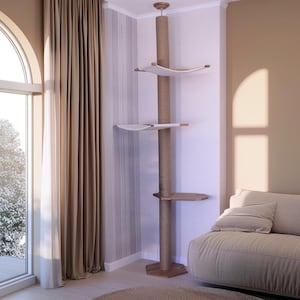May include: A tall cat tree with a central, rope-wrapped post and multiple platforms. Two white hammock-style beds and a wooden shelf provide lounging spots. The structure is made of wood and rope, designed for indoor use.