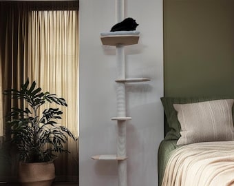 Floor to Ceiling Cat Tree with Durable Cat Bed, No Drill Tall Cat Tower, Natural Wood Cat Tree Tower, Cat Lovers Gift, Modern Cat Furniture