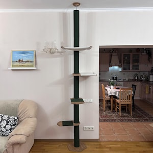 Large Wooden Cat Tree with 2 Hammocks and Green Rope Scratching Posts – Modern Cat Furniture for Large Cats, Featuring Spacious Shelves and a Durable Brown Finish, Perfect for Climbing, Scratching, and Relaxing