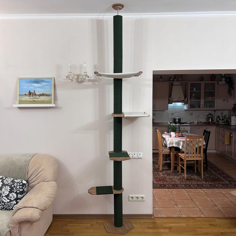 Large Wooden Cat Tree with 2 Hammocks and Green Rope Scratching Posts – Modern Cat Furniture for Large Cats, Featuring Spacious Shelves and a Durable Brown Finish, Perfect for Climbing, Scratching, and Relaxing