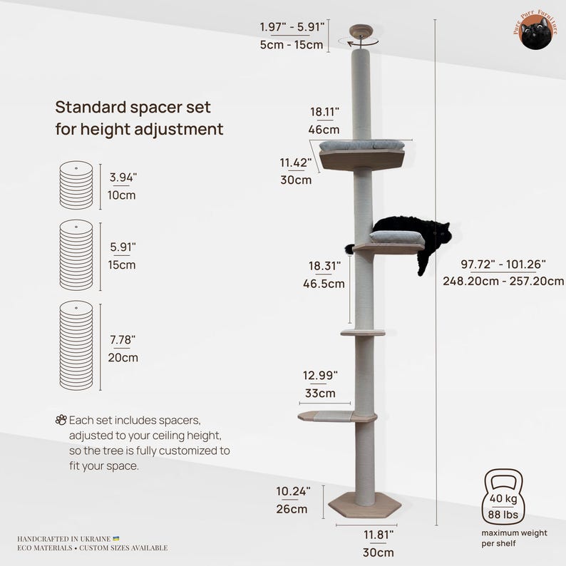 Adjustable Floor to Ceiling Cat Tree, Modern Cat Tower, Two Beds image 6