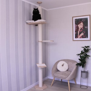 Wooden Cat Tree with Cozy Cat Bed & Cat Cushion, Floor to Ceiling Cat Tree, Cat Tower, Natural Wood Cat Scratching Post, Cat Lovers Gift