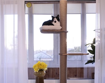 Adjustable Windowsill Cat Cushion With Cat Scratching Pole & Comfy Cat Window Bed – Reliable Tension Mounted Cat Shelf For Relaxed Cat Naps