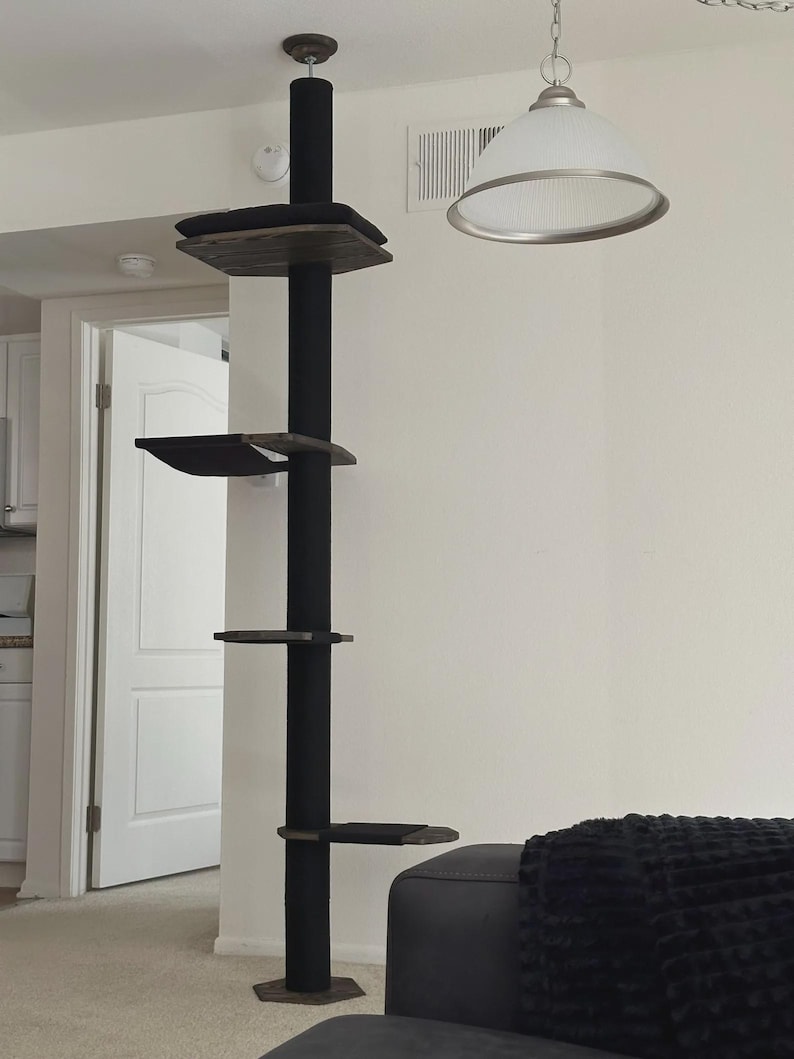 Natural Floor to Ceiling Cat Tree with Hammock & Bed. Tension Mounted and No-drill Installation Tower for Large Cats. Modern Cat Furniture Black & Black Cotton
