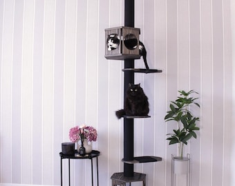 Floor to Ceiling Cat Tree – Wood Tower with Houses & Rope Steps