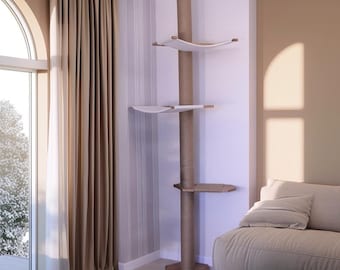 Tension Floor to Ceiling Cat Tree with 2 Hammocks, No Drilling Installation. Natural Wood Cat Tower. Modern Eco-Friendly Cat Furniture