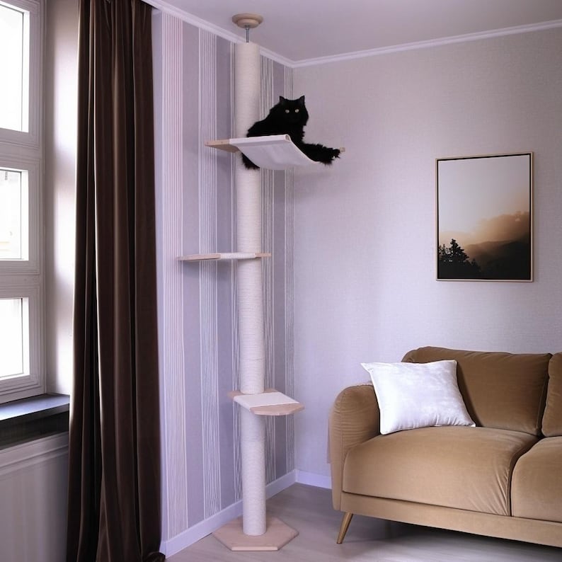 Tall Climber Cat Tree with Hammock, No-drill Tension Mounted Installation. Modern Floor to Ceiling Cat Tree Tower, Luxury Cat Tree image 3