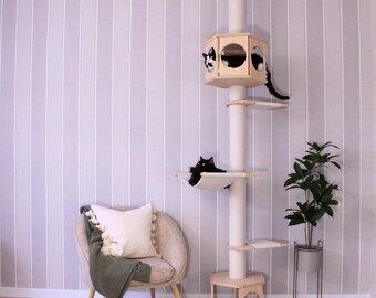 Floor To Ceiling Cat Tree With Two Cat Houses & Cat Hammock – Modern Wooden Cat Tower Tree. Natural Tension Floor to Ceiling Cat Tower