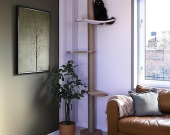 Tall Wooden Cat Tree with Hammock – No-Drill Floor to Ceiling Cat Tower